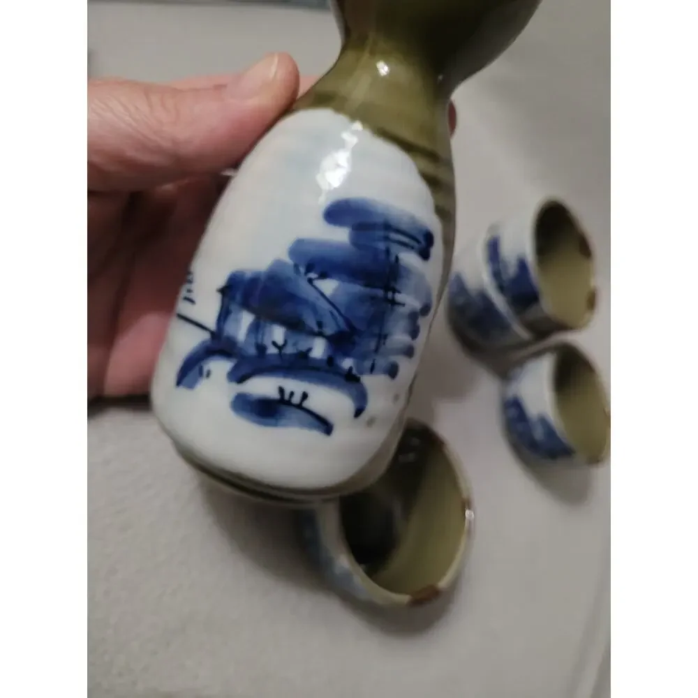 Vtg Set 5 Sake Rice Green Pottery Japanese Drink Cups Pitcher Pinch Pottery